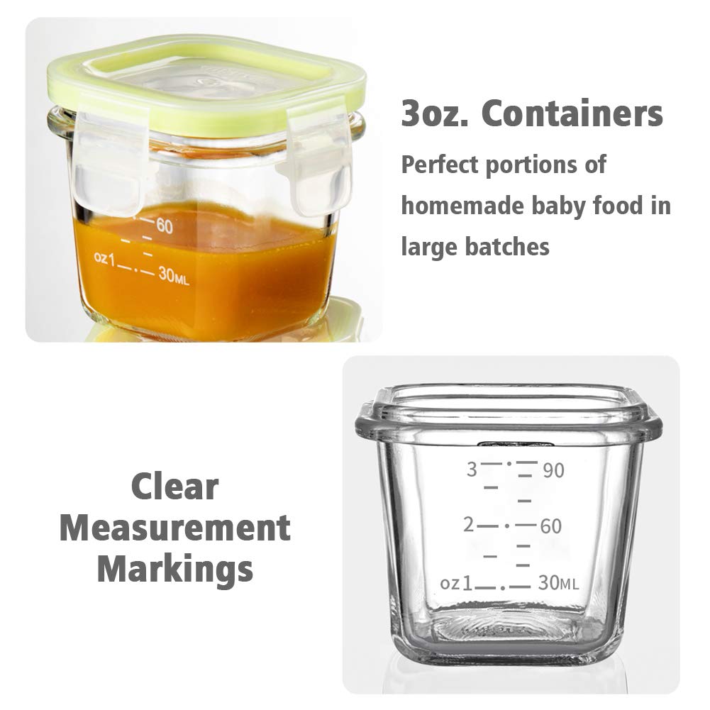 4-Pack Glass Baby Food Storage Containers with Airtight Lids and Stackable Tray (Green, 3 OZ Each) - Small Freezer Storage Containers for Baby On The Go - Air Tight Food Storage Containers