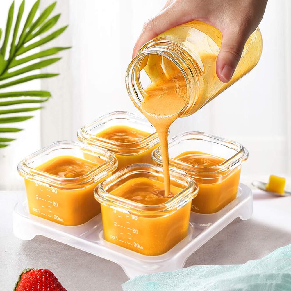 4-Pack Glass Baby Food Storage Containers with Airtight Lids and Stackable Tray (Green, 3 OZ Each) - Small Freezer Storage Containers for Baby On The Go - Air Tight Food Storage Containers