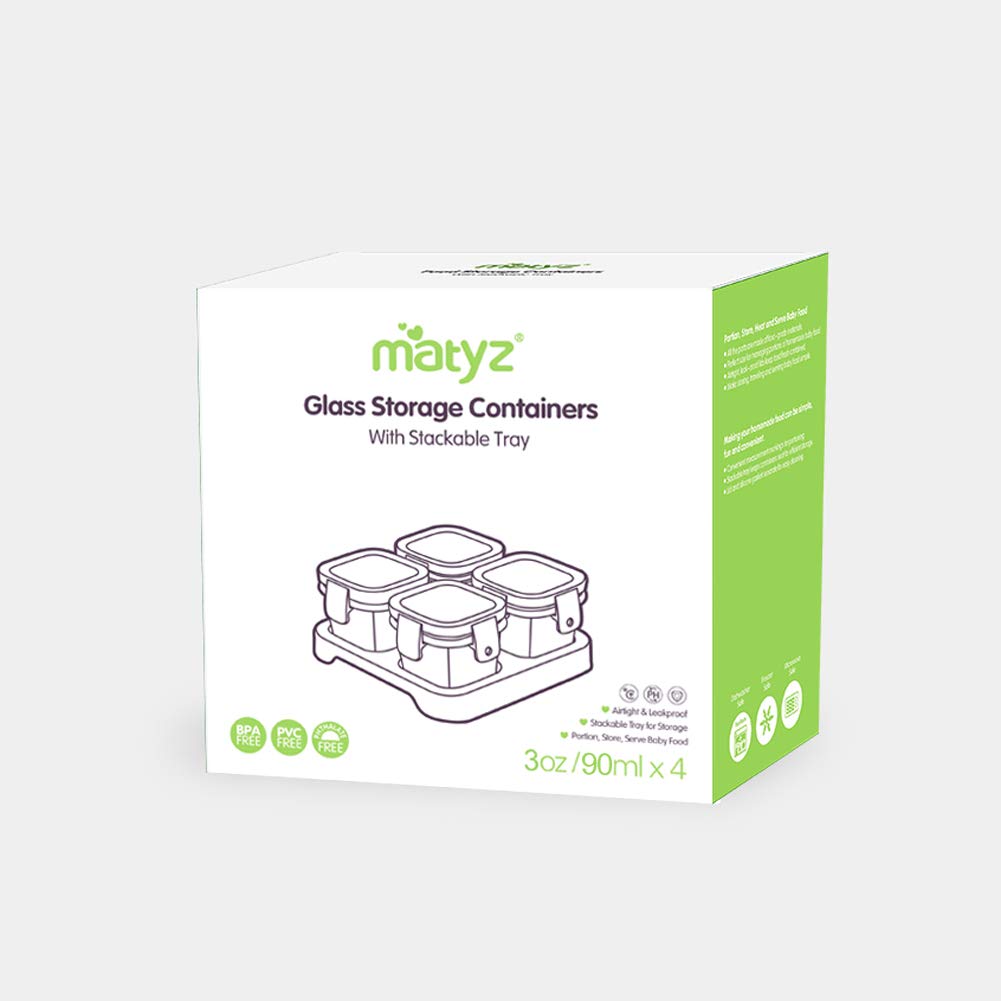 4-Pack Glass Baby Food Storage Containers with Airtight Lids and Stackable Tray (Green, 3 OZ Each) - Small Freezer Storage Containers for Baby On The Go - Air Tight Food Storage Containers