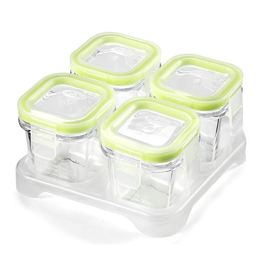 4-Pack Glass Baby Food Storage Containers with Airtight Lids and Stackable Tray (Green, 3 OZ Each) - Small Freezer Storage Containers for Baby On The Go - Air Tight Food Storage Containers