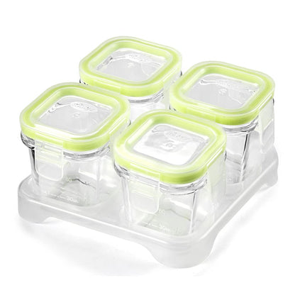 4-Pack Glass Baby Food Storage Containers with Airtight Lids and Stackable Tray (Green, 3 OZ Each) - Small Freezer Storage Containers for Baby On The Go - Air Tight Food Storage Containers