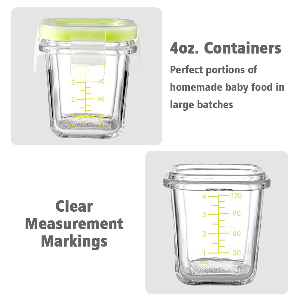 4-Pack Glass Baby Food Storage Containers with Airtight Lids and Stackable Tray (Green, 3 OZ Each) - Small Freezer Storage Containers for Baby On The Go - Air Tight Food Storage Containers