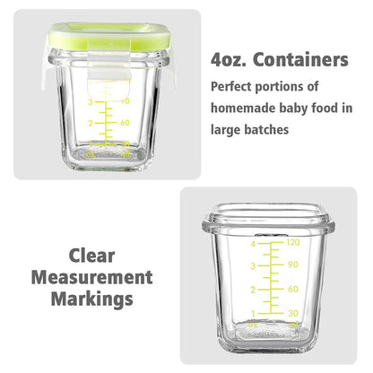 4-Pack Glass Baby Food Storage Containers with Airtight Lids and Stackable Tray (Green, 3 OZ Each) - Small Freezer Storage Containers for Baby On The Go - Air Tight Food Storage Containers