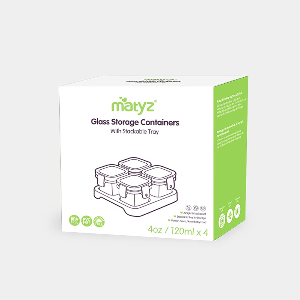 4-Pack Glass Baby Food Storage Containers with Airtight Lids and Stackable Tray (Green, 3 OZ Each) - Small Freezer Storage Containers for Baby On The Go - Air Tight Food Storage Containers