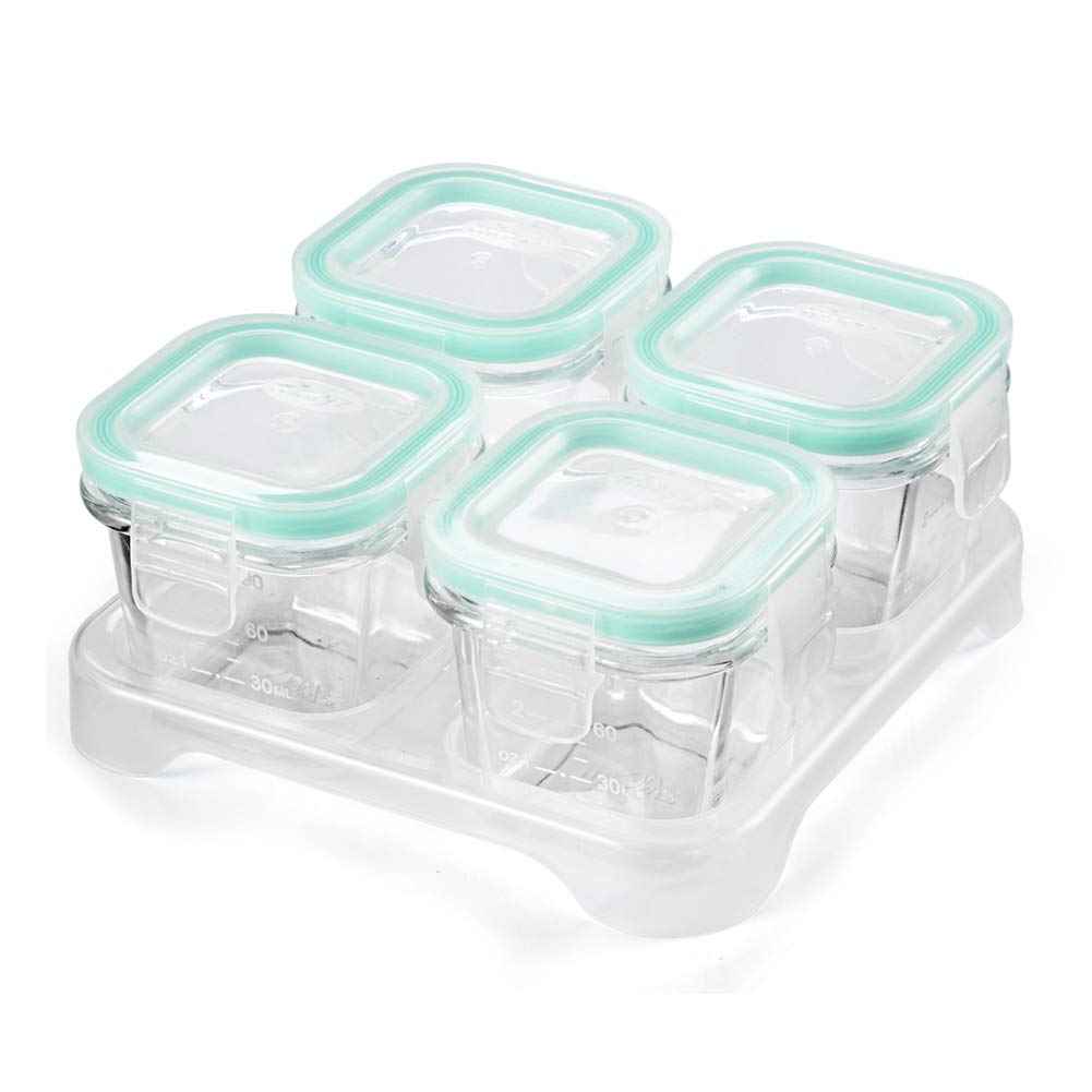 4-Pack Glass Baby Food Storage Containers with Airtight Lids and Stackable Tray (Green, 3 OZ Each) - Small Freezer Storage Containers for Baby On The Go - Air Tight Food Storage Containers