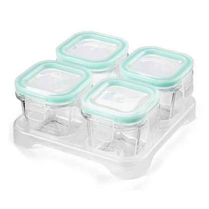 4-Pack Glass Baby Food Storage Containers with Airtight Lids and Stackable Tray (Green, 3 OZ Each) - Small Freezer Storage Containers for Baby On The Go - Air Tight Food Storage Containers
