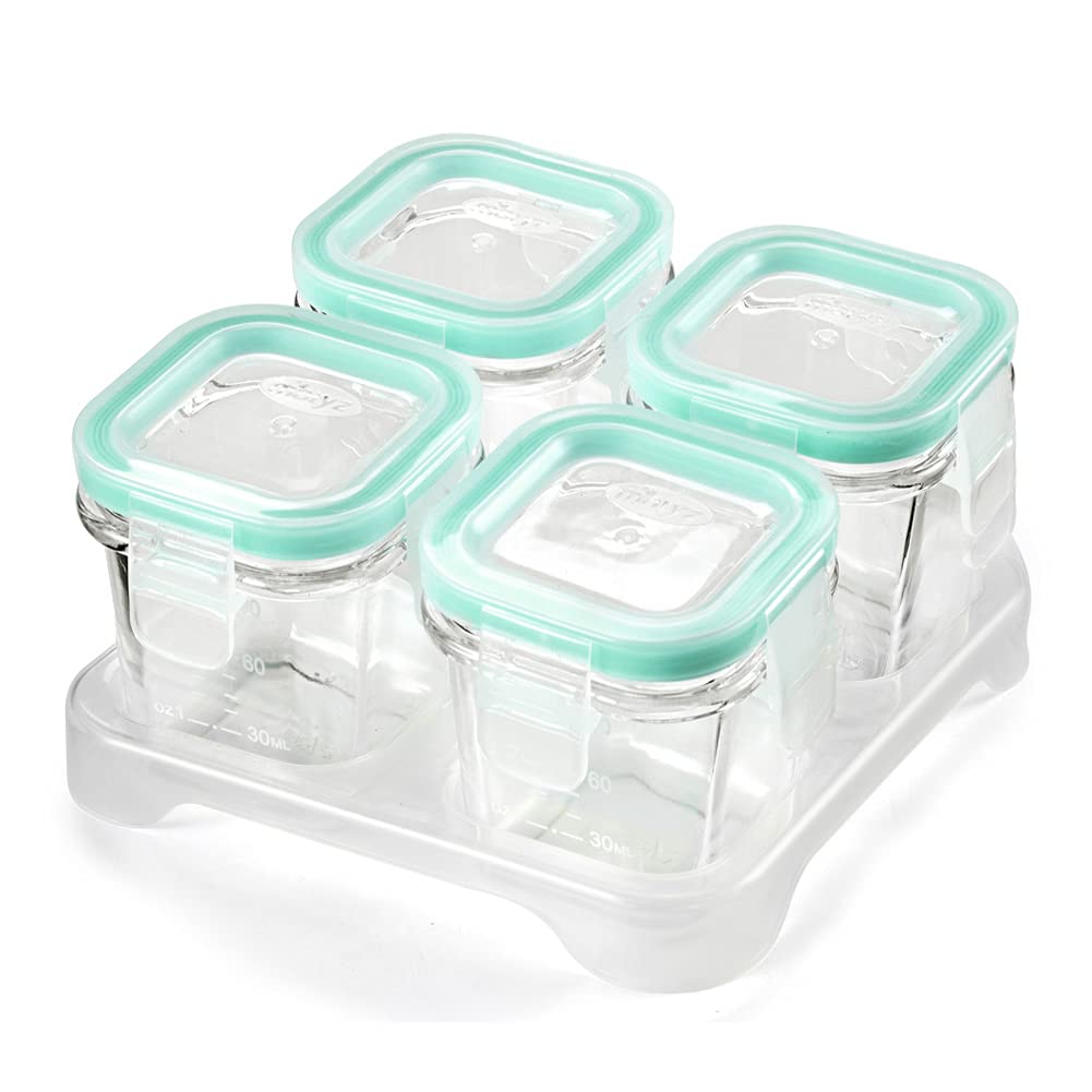 4-Pack Glass Baby Food Storage Containers with Airtight Lids and Stackable Tray (Green, 3 OZ Each) - Small Freezer Storage Containers for Baby On The Go - Air Tight Food Storage Containers