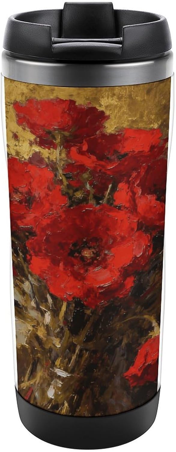 13oz Insulated Travel Coffee Mug Reusable Coffee Cup Water Bottle | Poppy Flame Travel Mug with Leak Proof Lid Double Wall Stainless Steel Coffee Tumbler Personalized Gift