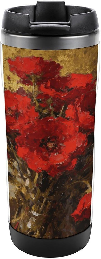 13oz Insulated Travel Coffee Mug Reusable Coffee Cup Water Bottle | Poppy Flame Travel Mug with Leak Proof Lid Double Wall Stainless Steel Coffee Tumbler Personalized Gift