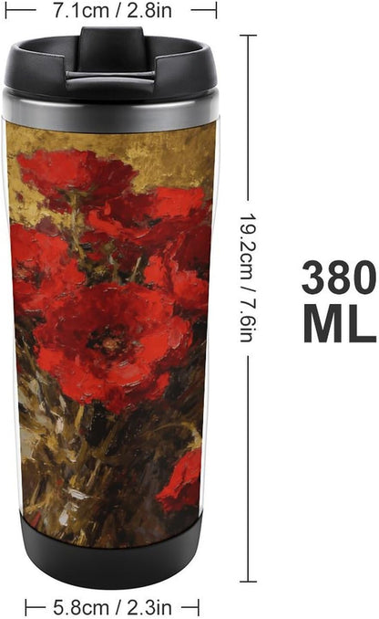 13oz Insulated Travel Coffee Mug Reusable Coffee Cup Water Bottle | Poppy Flame Travel Mug with Leak Proof Lid Double Wall Stainless Steel Coffee Tumbler Personalized Gift