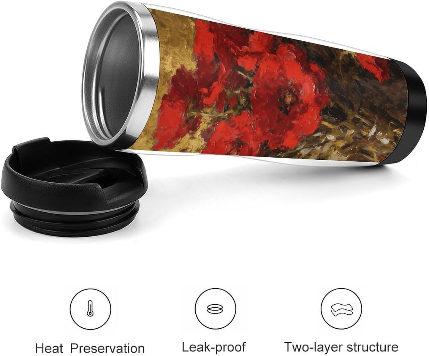 13oz Insulated Travel Coffee Mug Reusable Coffee Cup Water Bottle | Poppy Flame Travel Mug with Leak Proof Lid Double Wall Stainless Steel Coffee Tumbler Personalized Gift