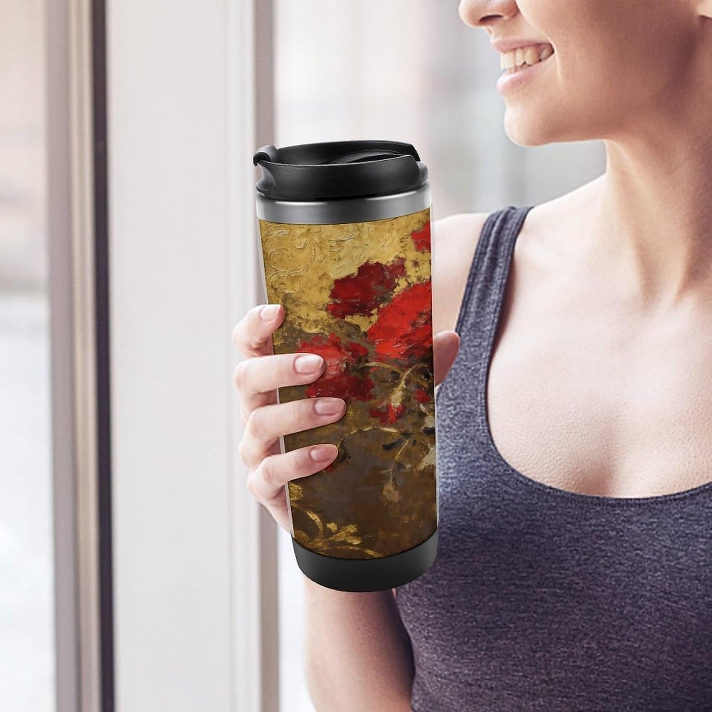 13oz Insulated Travel Coffee Mug Reusable Coffee Cup Water Bottle | Poppy Flame Travel Mug with Leak Proof Lid Double Wall Stainless Steel Coffee Tumbler Personalized Gift