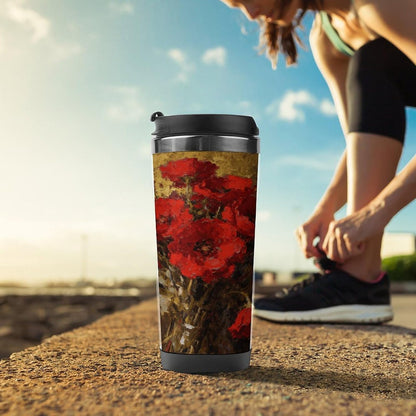 13oz Insulated Travel Coffee Mug Reusable Coffee Cup Water Bottle | Poppy Flame Travel Mug with Leak Proof Lid Double Wall Stainless Steel Coffee Tumbler Personalized Gift