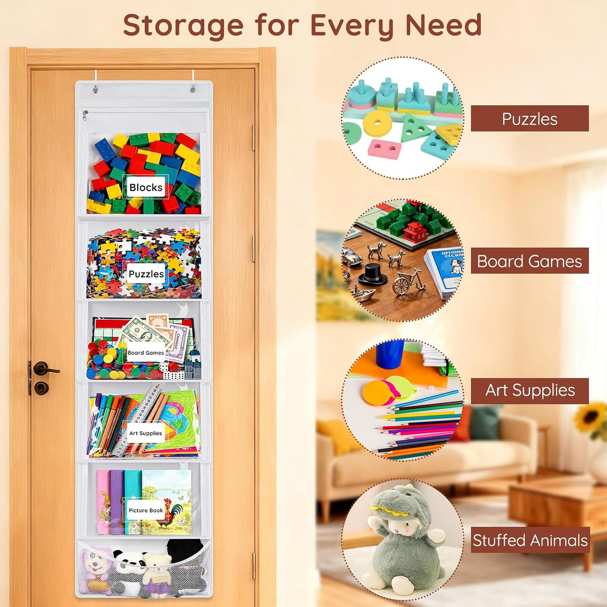 Over Door Toy Storage Organizer, Hanging Bags with 5 Removable Pockets