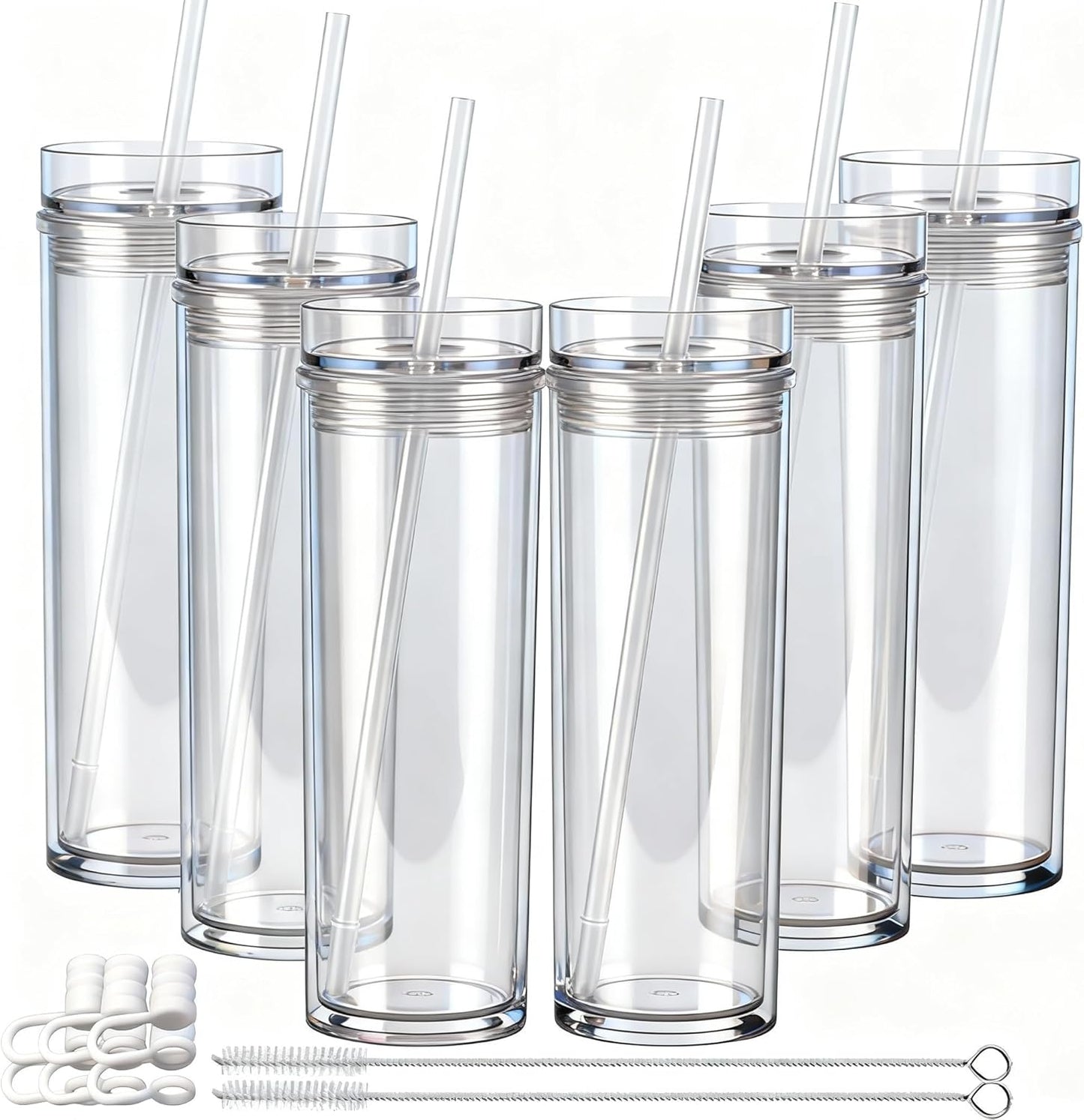 Tumblers with Lid and Straw, 17oz Reusable Plastic Cups for Iced Coffee, Travel Mugs, Double Wall Party Cups, Durable Acrylic Design, 6 Pack (6, Transparent)