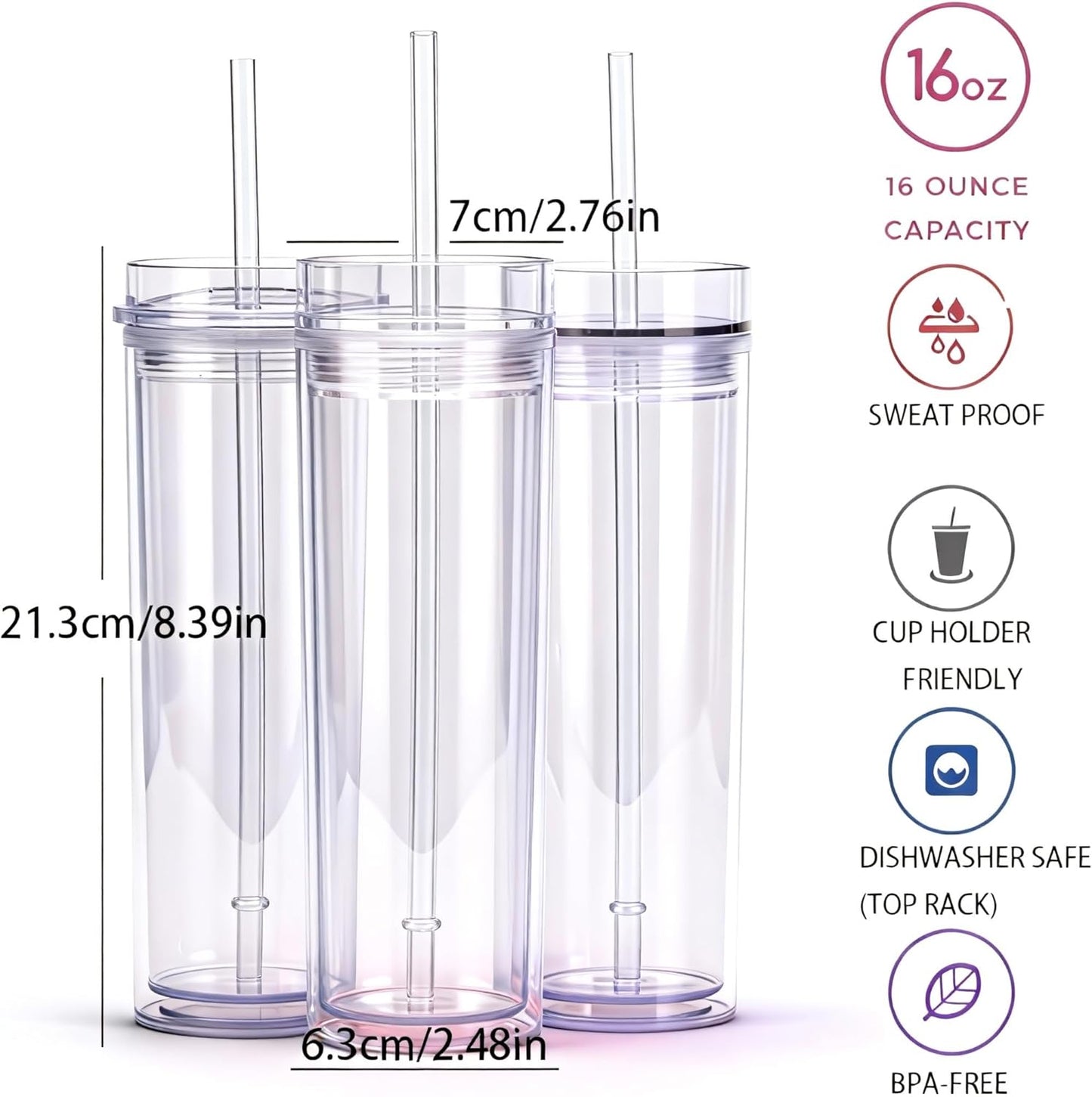 Tumblers with Lid and Straw, 17oz Reusable Plastic Cups for Iced Coffee, Travel Mugs, Double Wall Party Cups, Durable Acrylic Design, 6 Pack (6, Transparent)