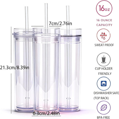 Tumblers with Lid and Straw, 17oz Reusable Plastic Cups for Iced Coffee, Travel Mugs, Double Wall Party Cups, Durable Acrylic Design, 6 Pack (6, Transparent)