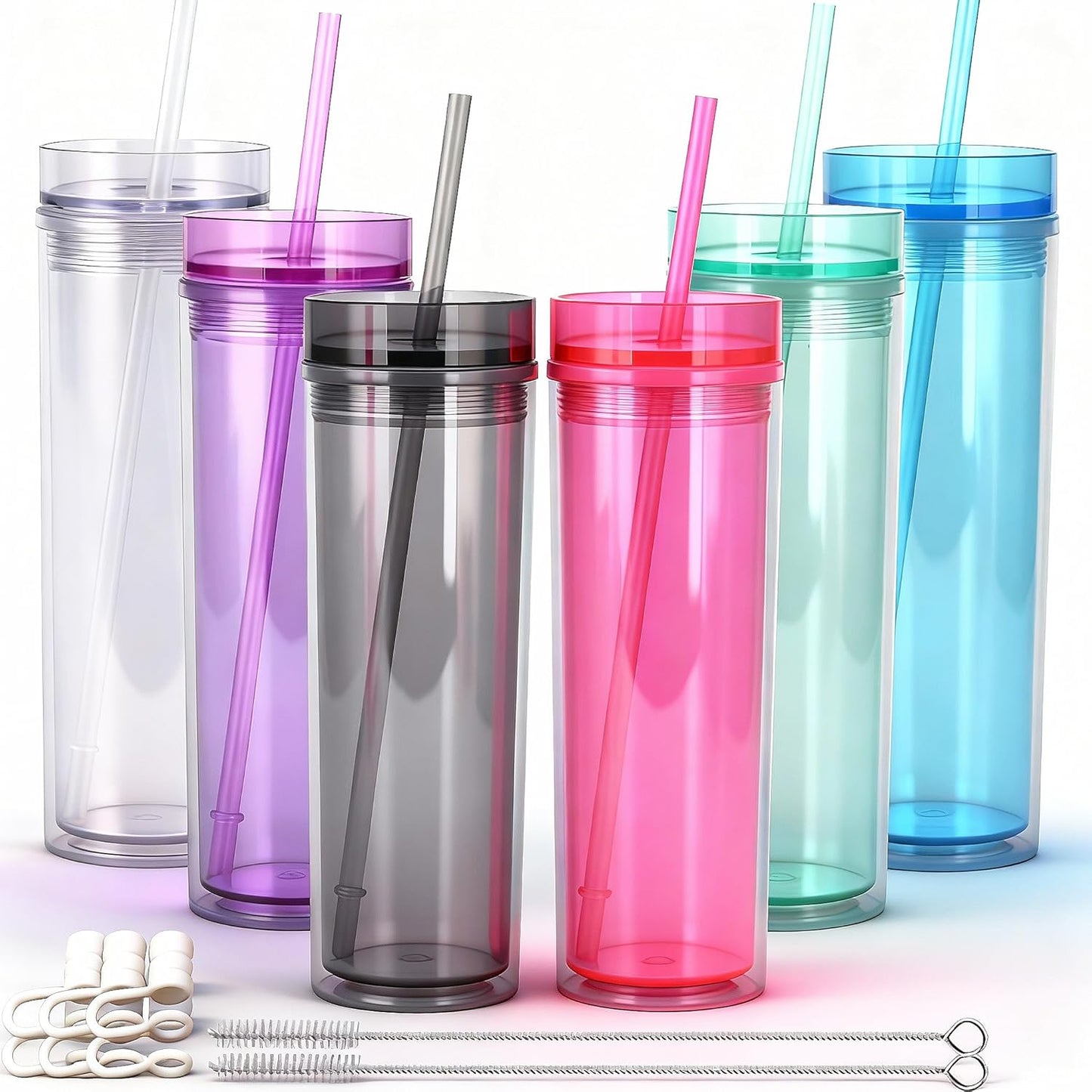 Tumblers with Lid and Straw, 17oz Reusable Plastic Cups for Iced Coffee, Travel Mugs, Double Wall Party Cups, Durable Acrylic Design, 6 Pack (6, Transparent)