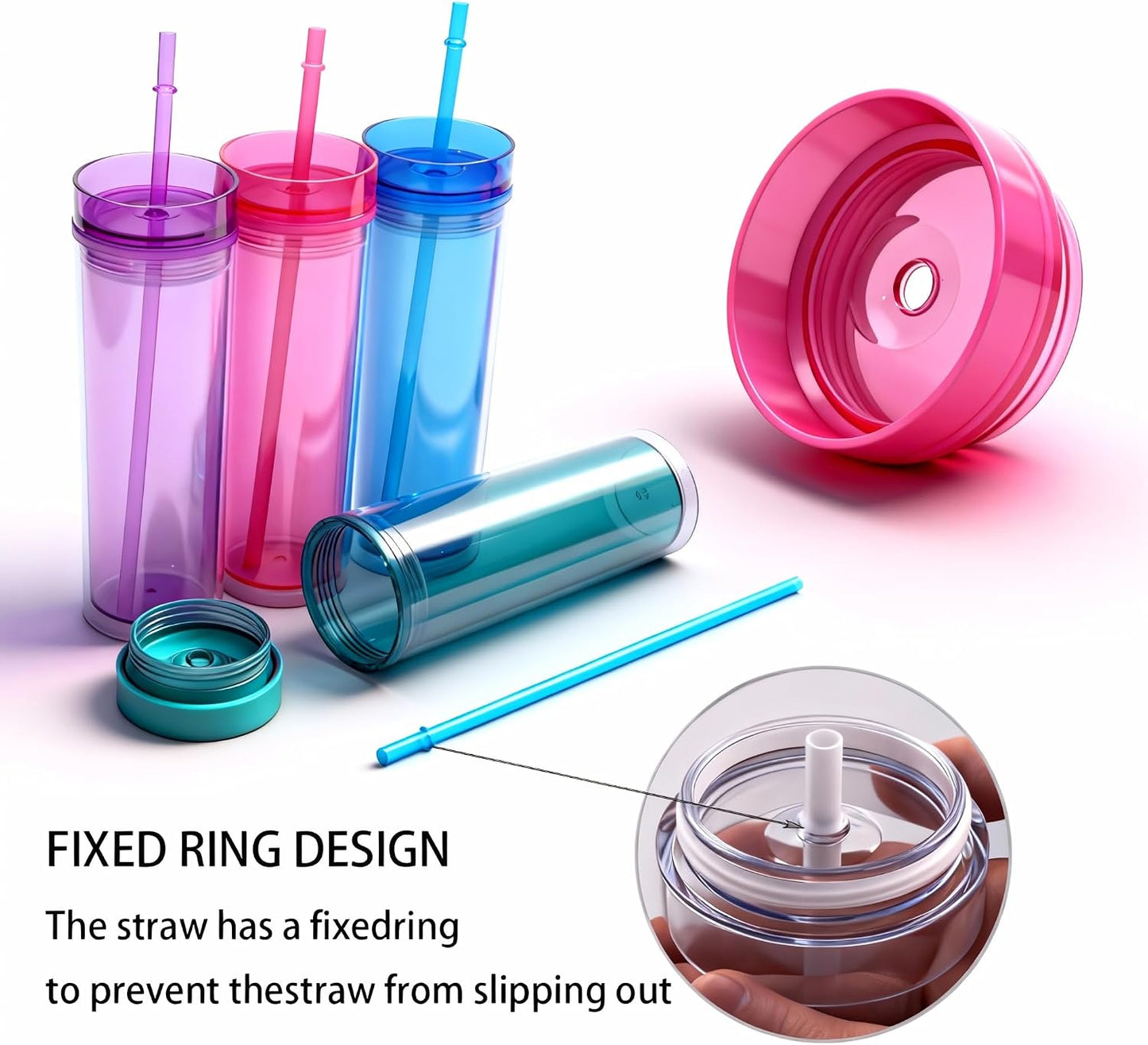 Tumblers with Lid and Straw, 17oz Reusable Plastic Cups for Iced Coffee, Travel Mugs, Double Wall Party Cups, Durable Acrylic Design, 6 Pack (6, Transparent)