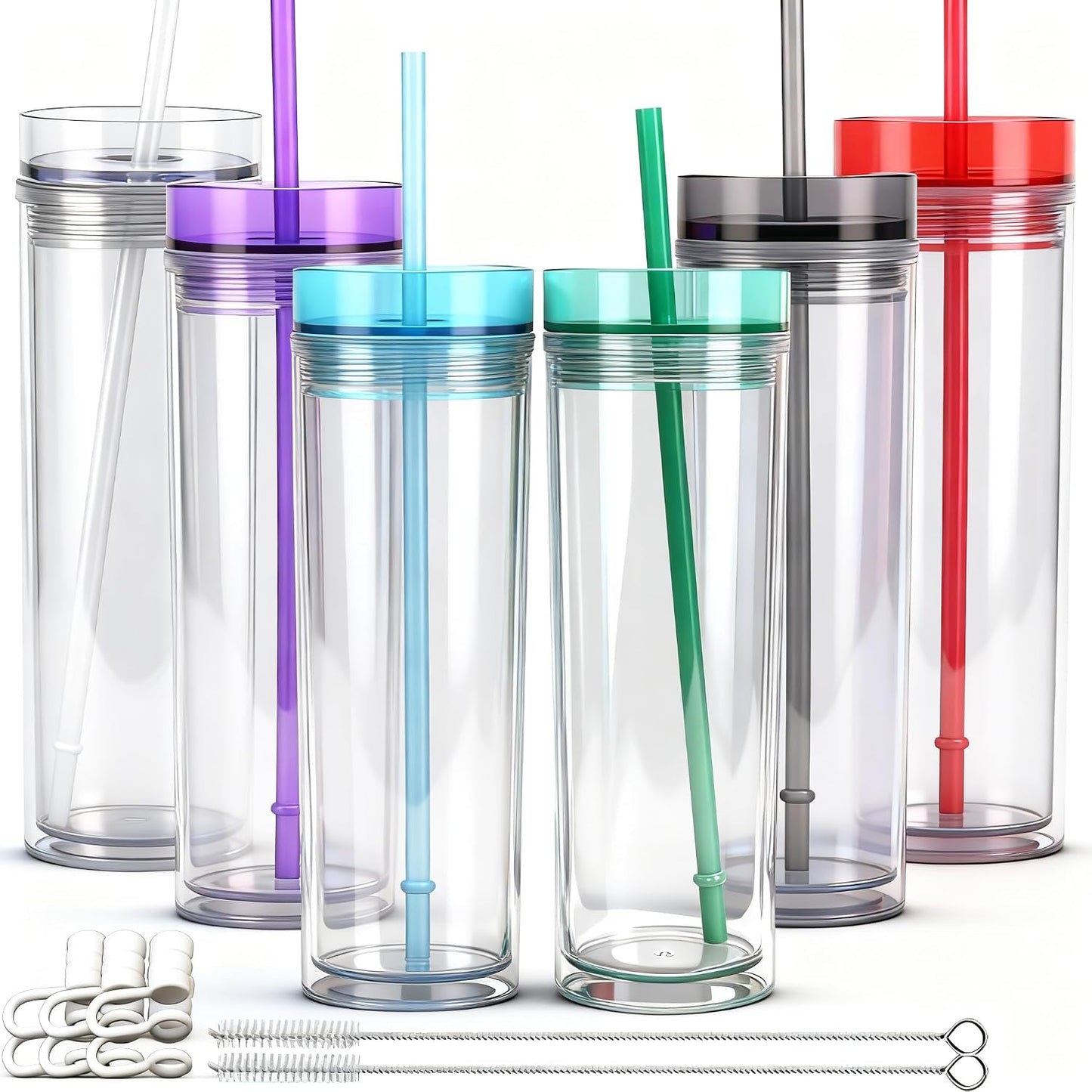 Tumblers with Lid and Straw, 17oz Reusable Plastic Cups for Iced Coffee, Travel Mugs, Double Wall Party Cups, Durable Acrylic Design, 6 Pack (6, Transparent)