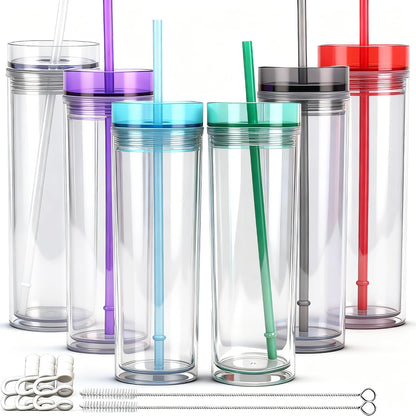 Tumblers with Lid and Straw, 17oz Reusable Plastic Cups for Iced Coffee, Travel Mugs, Double Wall Party Cups, Durable Acrylic Design, 6 Pack (6, Transparent)