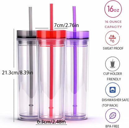 Tumblers with Lid and Straw, 17oz Reusable Plastic Cups for Iced Coffee, Travel Mugs, Double Wall Party Cups, Durable Acrylic Design, 6 Pack (6, Transparent)