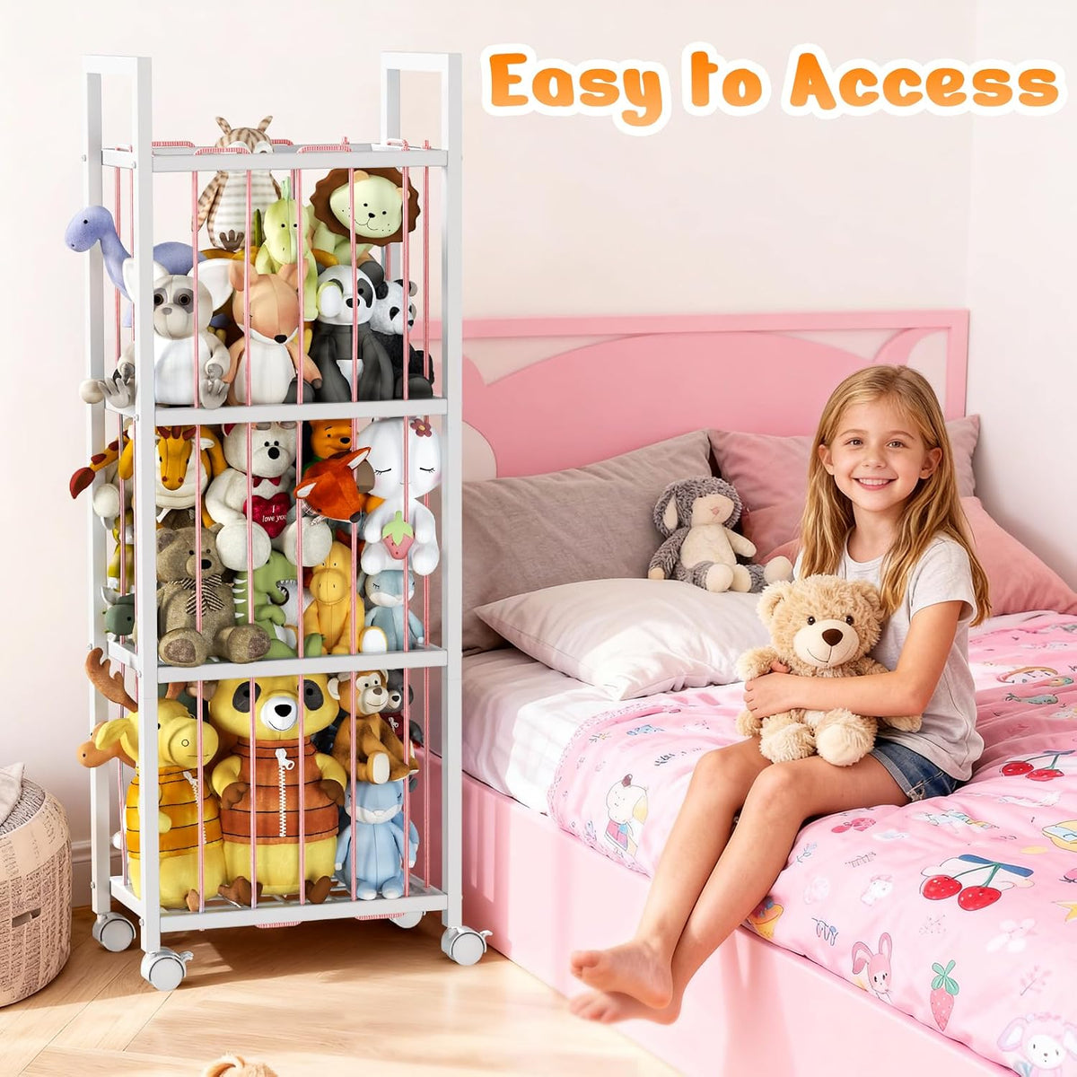 Stuffed Animal Storage, Metal Stuffed Animal Holder with Wheels & Elastic Cords, Space Save Toy Organizer, Large Capacity Stuffed Animal Zoo for Playroom, Bedroom, Nursery (54" Pink)