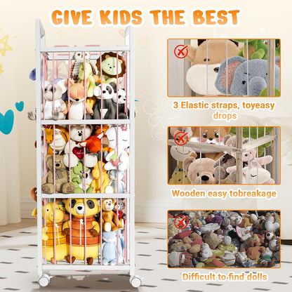 Stuffed Animal Storage, Metal Stuffed Animal Holder with Wheels & Elastic Cords, Space Save Toy Organizer, Large Capacity Stuffed Animal Zoo for Playroom, Bedroom, Nursery (54" Pink)