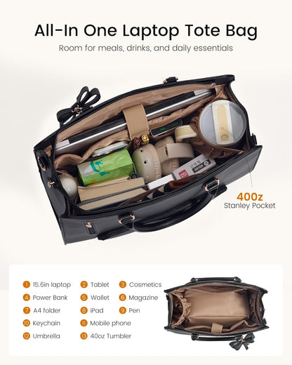 Laptop Tote Bag for Women,Leather Work Bag, Waterproof Business Teacher Bag,Large Computer Handbag Purse Briefcase,Office Gifts for Women