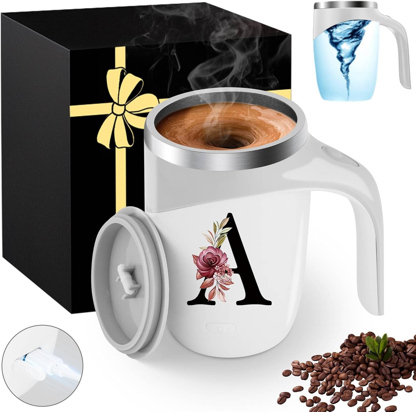 Initial Magnetic Stirring Coffee Mug with Lid Handle Insulated Stainless Steel Spill Leak Proof Heavy Large Reusable Thermal Travel Tea Cup Camping Big Water Tumbler Automatic Self Electric Mixing,A