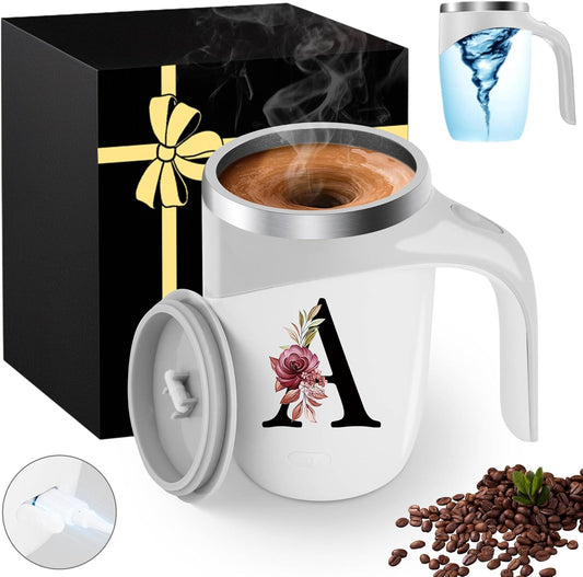 Initial Magnetic Stirring Coffee Mug with Lid Handle Insulated Stainless Steel Spill Leak Proof Heavy Large Reusable Thermal Travel Tea Cup Camping Big Water Tumbler Automatic Self Electric Mixing,A