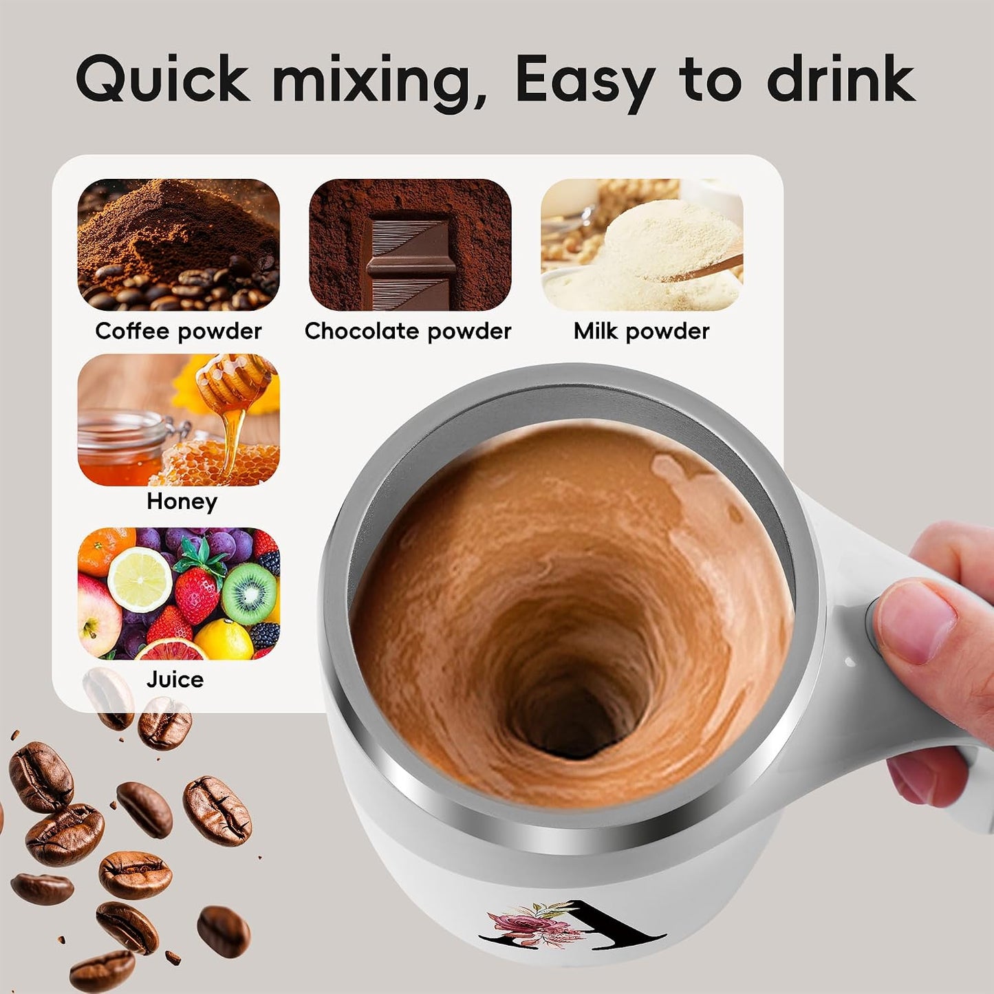 Initial Magnetic Stirring Coffee Mug with Lid Handle Insulated Stainless Steel Spill Leak Proof Heavy Large Reusable Thermal Travel Tea Cup Camping Big Water Tumbler Automatic Self Electric Mixing,A
