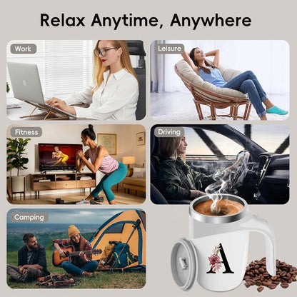 Initial Magnetic Stirring Coffee Mug with Lid Handle Insulated Stainless Steel Spill Leak Proof Heavy Large Reusable Thermal Travel Tea Cup Camping Big Water Tumbler Automatic Self Electric Mixing,A