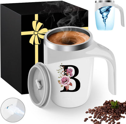 Initial Magnetic Stirring Coffee Mug with Lid Handle Insulated Stainless Steel Spill Leak Proof Heavy Large Reusable Thermal Travel Tea Cup Camping Big Water Tumbler Automatic Self Electric Mixing,A