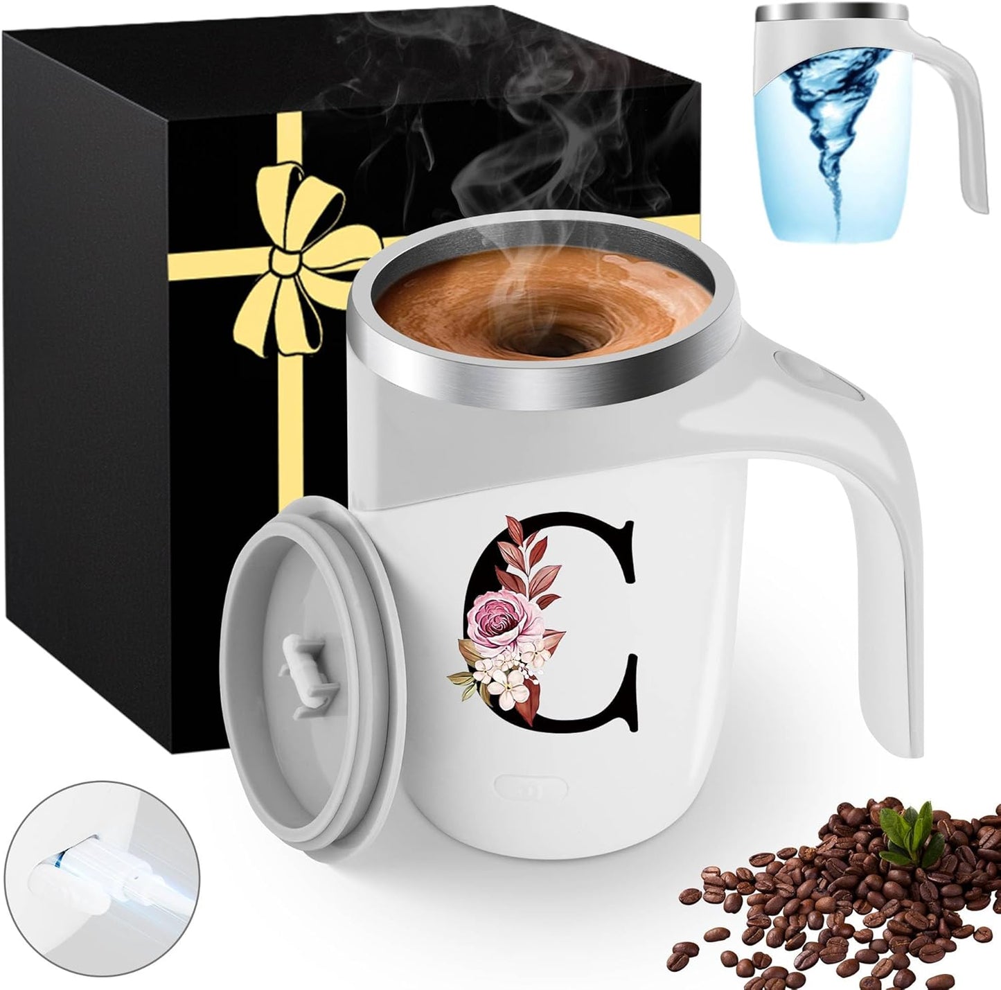 Initial Magnetic Stirring Coffee Mug with Lid Handle Insulated Stainless Steel Spill Leak Proof Heavy Large Reusable Thermal Travel Tea Cup Camping Big Water Tumbler Automatic Self Electric Mixing,A