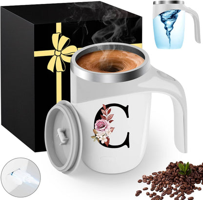 Initial Magnetic Stirring Coffee Mug with Lid Handle Insulated Stainless Steel Spill Leak Proof Heavy Large Reusable Thermal Travel Tea Cup Camping Big Water Tumbler Automatic Self Electric Mixing,A