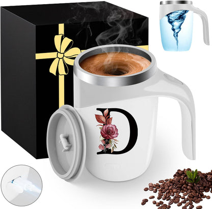 Initial Magnetic Stirring Coffee Mug with Lid Handle Insulated Stainless Steel Spill Leak Proof Heavy Large Reusable Thermal Travel Tea Cup Camping Big Water Tumbler Automatic Self Electric Mixing,A