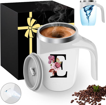Initial Magnetic Stirring Coffee Mug with Lid Handle Insulated Stainless Steel Spill Leak Proof Heavy Large Reusable Thermal Travel Tea Cup Camping Big Water Tumbler Automatic Self Electric Mixing,A