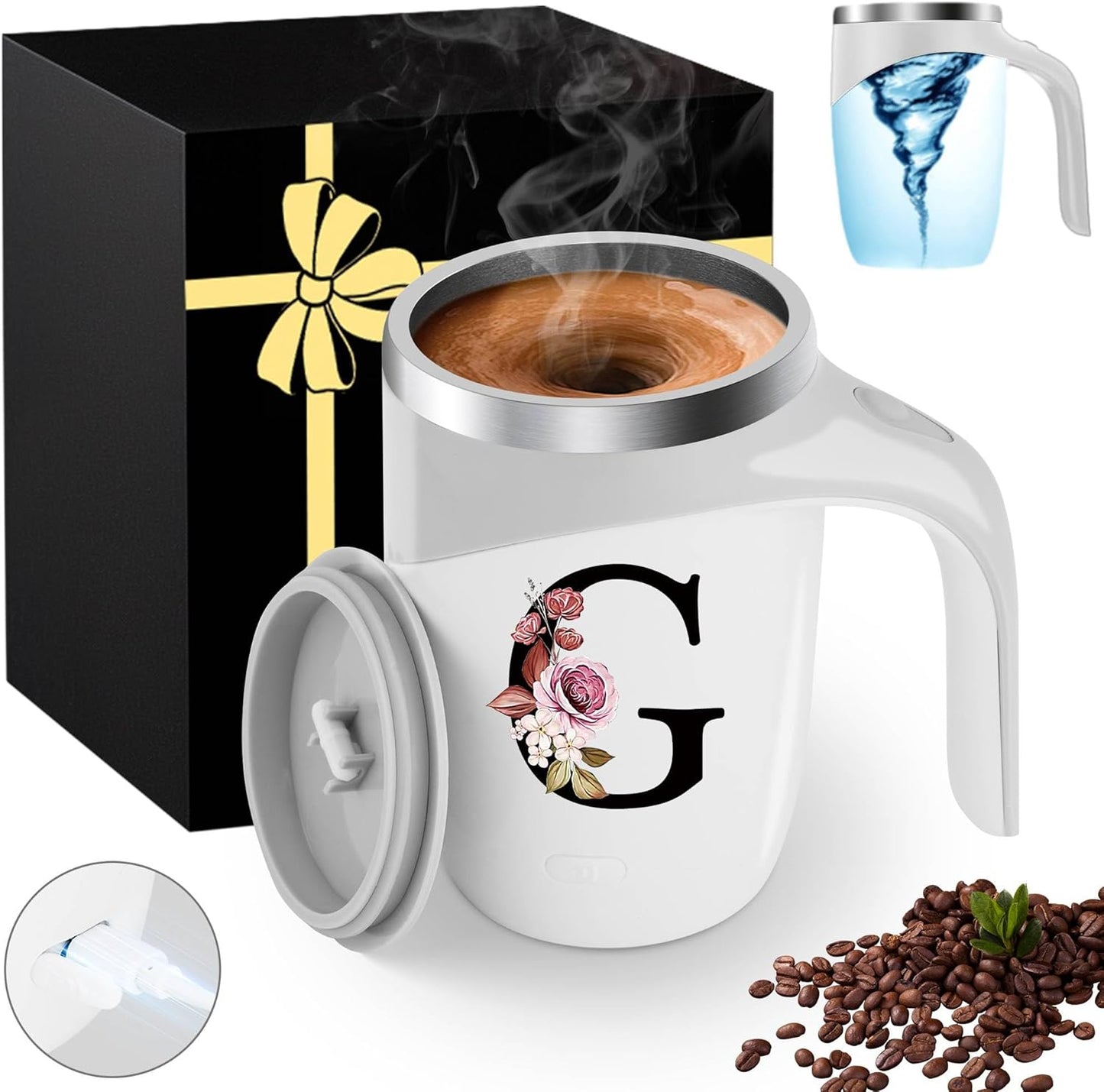 Initial Magnetic Stirring Coffee Mug with Lid Handle Insulated Stainless Steel Spill Leak Proof Heavy Large Reusable Thermal Travel Tea Cup Camping Big Water Tumbler Automatic Self Electric Mixing,A
