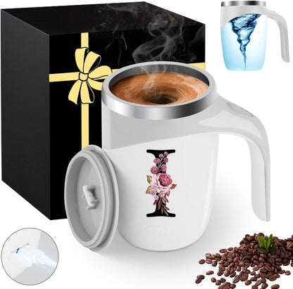 Initial Magnetic Stirring Coffee Mug with Lid Handle Insulated Stainless Steel Spill Leak Proof Heavy Large Reusable Thermal Travel Tea Cup Camping Big Water Tumbler Automatic Self Electric Mixing,A
