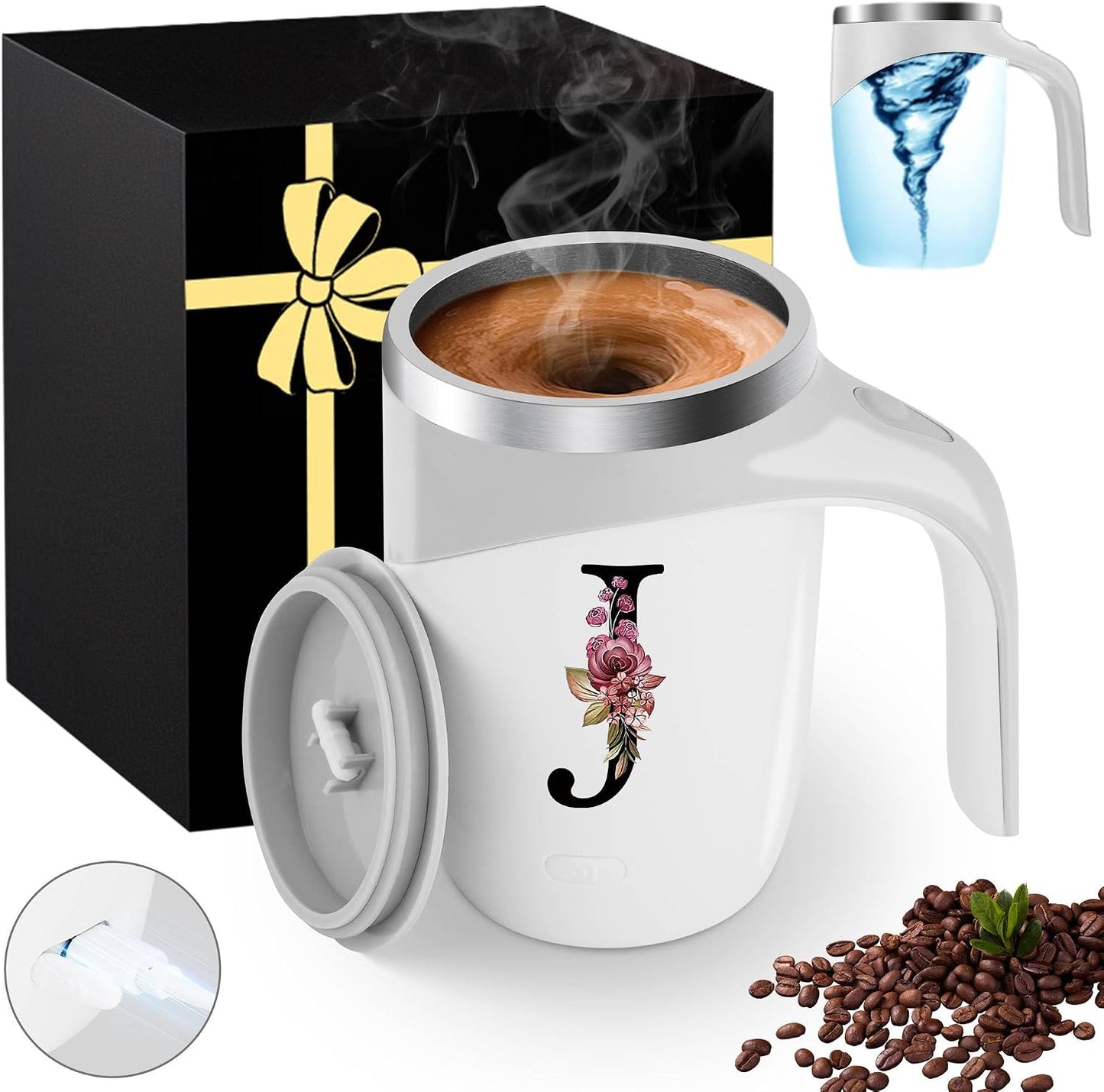 Initial Magnetic Stirring Coffee Mug with Lid Handle Insulated Stainless Steel Spill Leak Proof Heavy Large Reusable Thermal Travel Tea Cup Camping Big Water Tumbler Automatic Self Electric Mixing,A