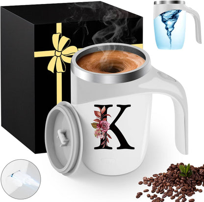 Initial Magnetic Stirring Coffee Mug with Lid Handle Insulated Stainless Steel Spill Leak Proof Heavy Large Reusable Thermal Travel Tea Cup Camping Big Water Tumbler Automatic Self Electric Mixing,A