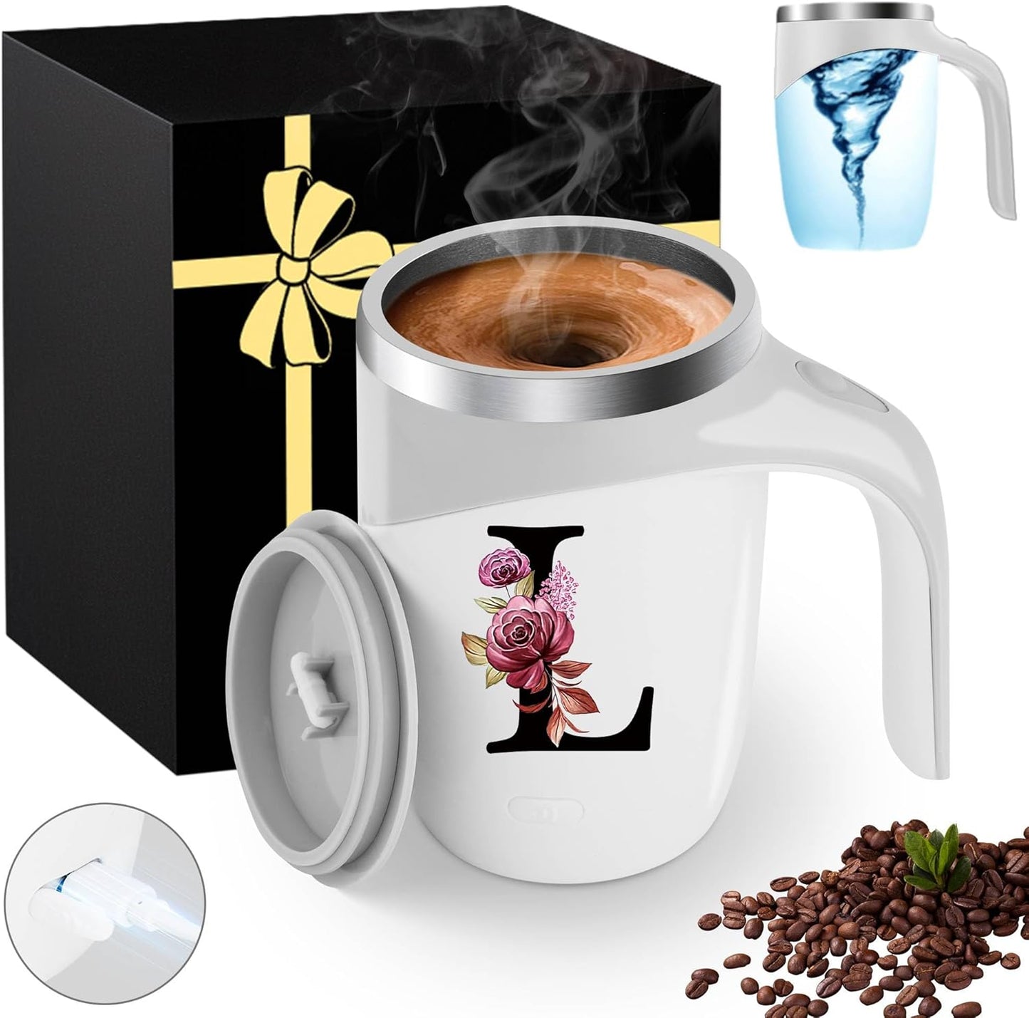 Initial Magnetic Stirring Coffee Mug with Lid Handle Insulated Stainless Steel Spill Leak Proof Heavy Large Reusable Thermal Travel Tea Cup Camping Big Water Tumbler Automatic Self Electric Mixing,A