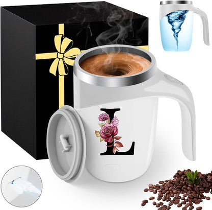 Initial Magnetic Stirring Coffee Mug with Lid Handle Insulated Stainless Steel Spill Leak Proof Heavy Large Reusable Thermal Travel Tea Cup Camping Big Water Tumbler Automatic Self Electric Mixing,A