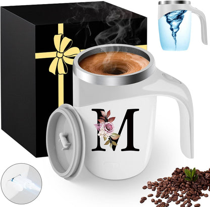 Initial Magnetic Stirring Coffee Mug with Lid Handle Insulated Stainless Steel Spill Leak Proof Heavy Large Reusable Thermal Travel Tea Cup Camping Big Water Tumbler Automatic Self Electric Mixing,A