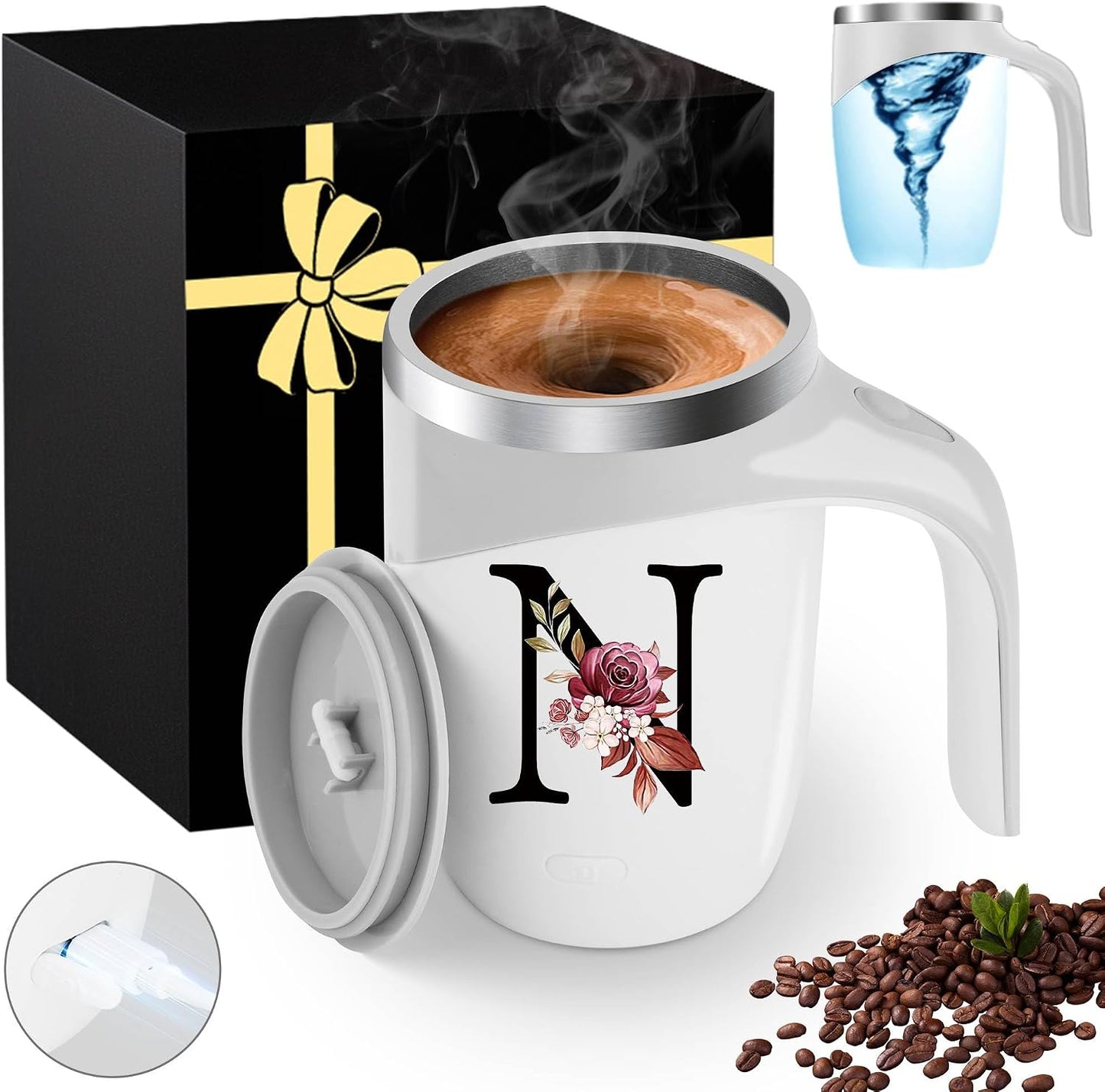 Initial Magnetic Stirring Coffee Mug with Lid Handle Insulated Stainless Steel Spill Leak Proof Heavy Large Reusable Thermal Travel Tea Cup Camping Big Water Tumbler Automatic Self Electric Mixing,A