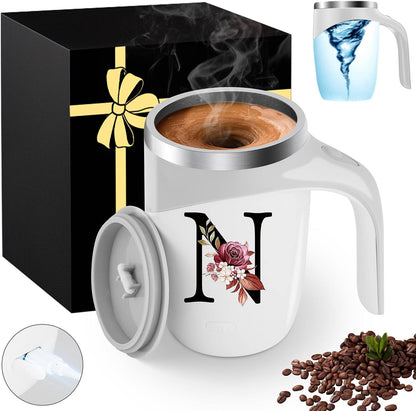 Initial Magnetic Stirring Coffee Mug with Lid Handle Insulated Stainless Steel Spill Leak Proof Heavy Large Reusable Thermal Travel Tea Cup Camping Big Water Tumbler Automatic Self Electric Mixing,A