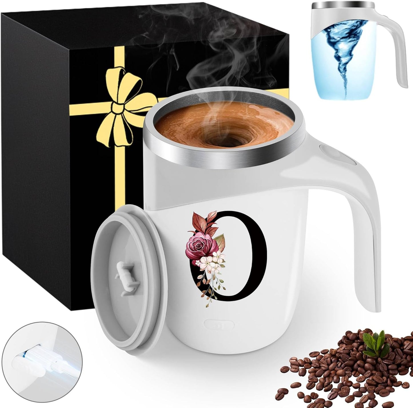 Initial Magnetic Stirring Coffee Mug with Lid Handle Insulated Stainless Steel Spill Leak Proof Heavy Large Reusable Thermal Travel Tea Cup Camping Big Water Tumbler Automatic Self Electric Mixing,A