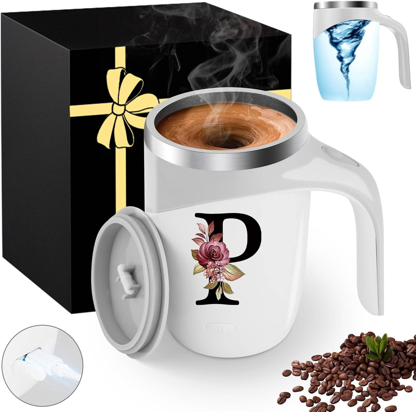 Initial Magnetic Stirring Coffee Mug with Lid Handle Insulated Stainless Steel Spill Leak Proof Heavy Large Reusable Thermal Travel Tea Cup Camping Big Water Tumbler Automatic Self Electric Mixing,A