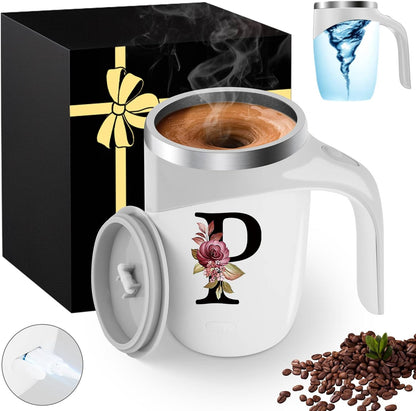 Initial Magnetic Stirring Coffee Mug with Lid Handle Insulated Stainless Steel Spill Leak Proof Heavy Large Reusable Thermal Travel Tea Cup Camping Big Water Tumbler Automatic Self Electric Mixing,A